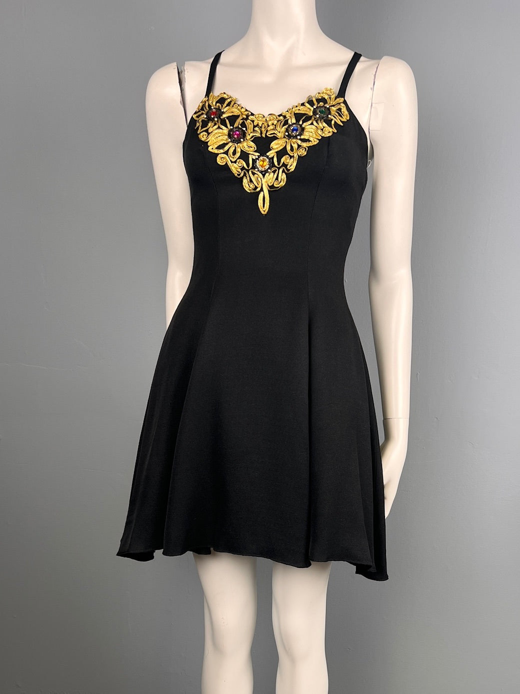 80s Sexy Black Jewelled Mini Dress, Size XS