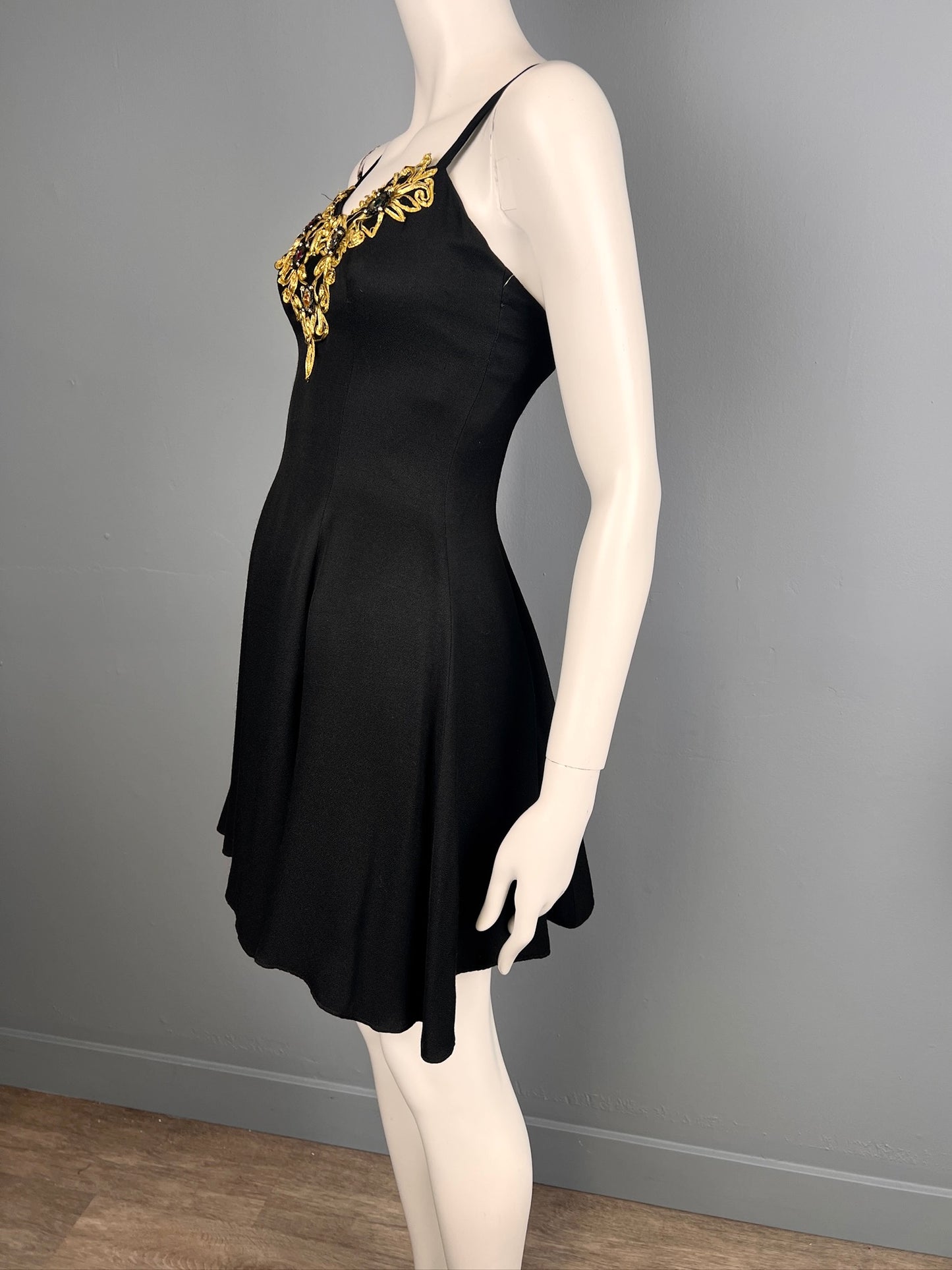 80s Sexy Black Jewelled Mini Dress, Size XS