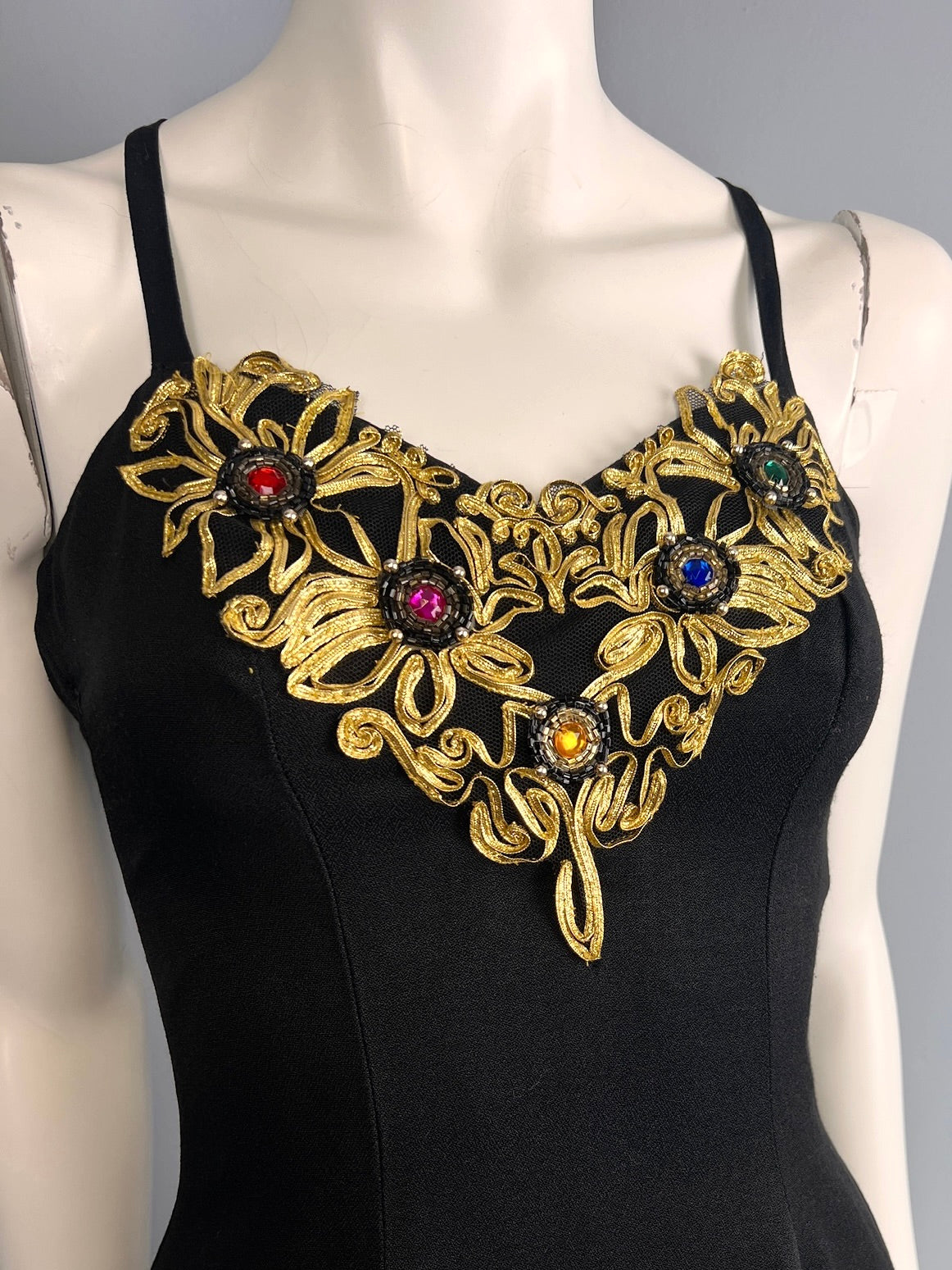 80s Sexy Black Jewelled Mini Dress, Size XS