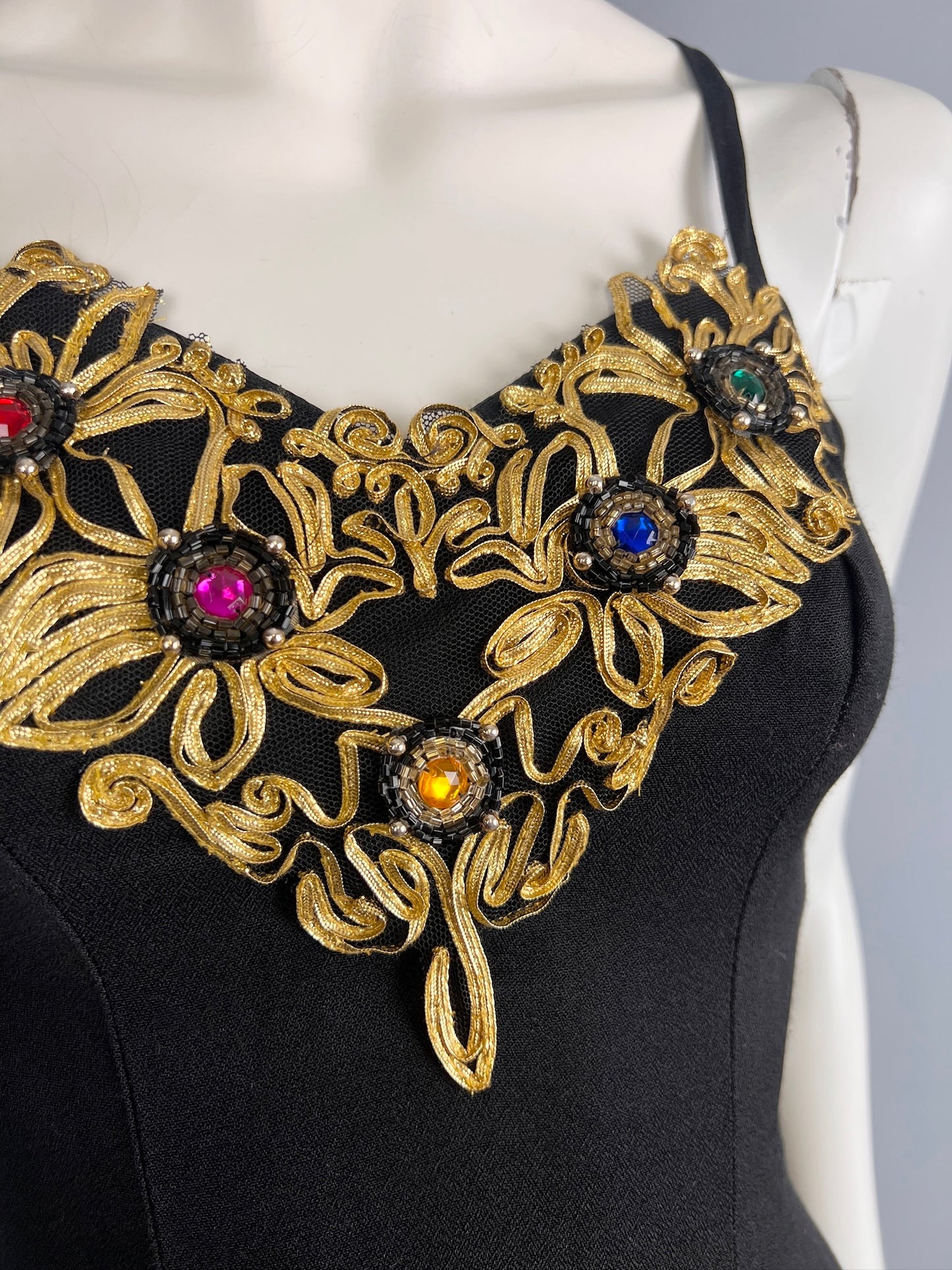 80s Sexy Black Jewelled Mini Dress, Size XS