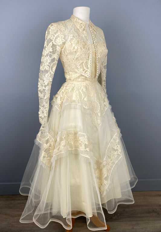 1950s "Sandy" Bridal Dress and Jacket, Tea Length Strapless Dress and Jacket, Size XS