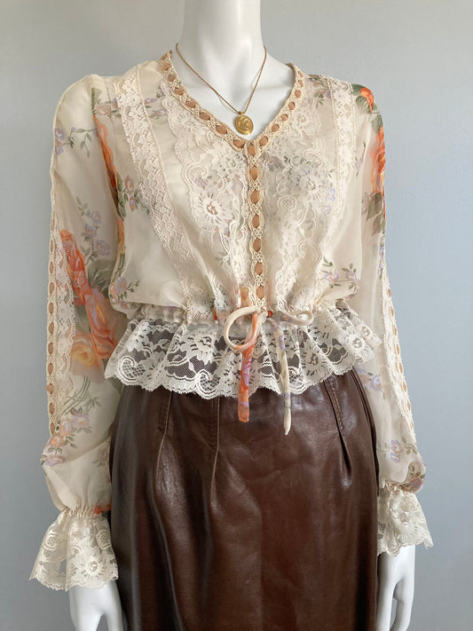 Printed chiffon and Lace 70s Top