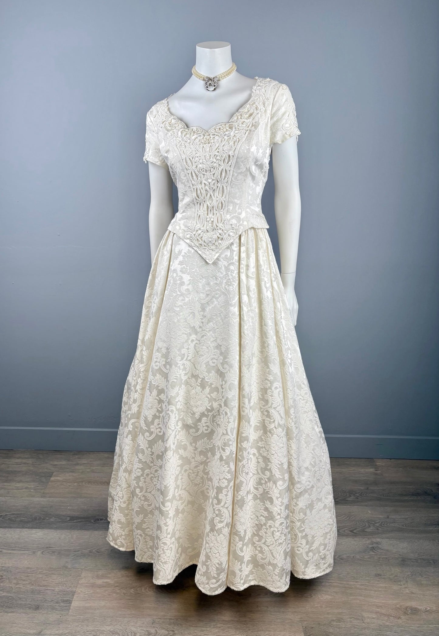 90s Jessica McClintock Open Back Damask Wedding Dress, size M