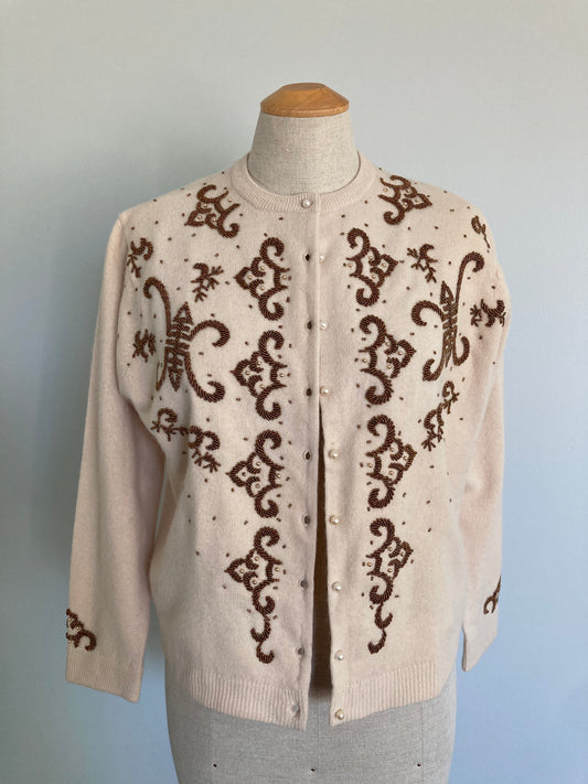 1960s Beige and Bronze Beaded Cardigan, Size 40 M/L