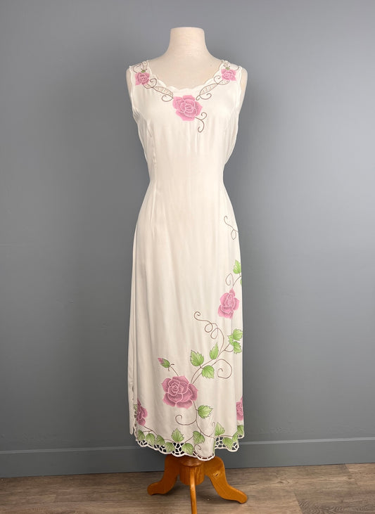 1990s Lacy White Dress with Mauve Roses, Hibis Lace Works White 90s Dress, Size M