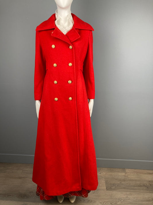 1970s Full Length Red Winter Coat, Size Small