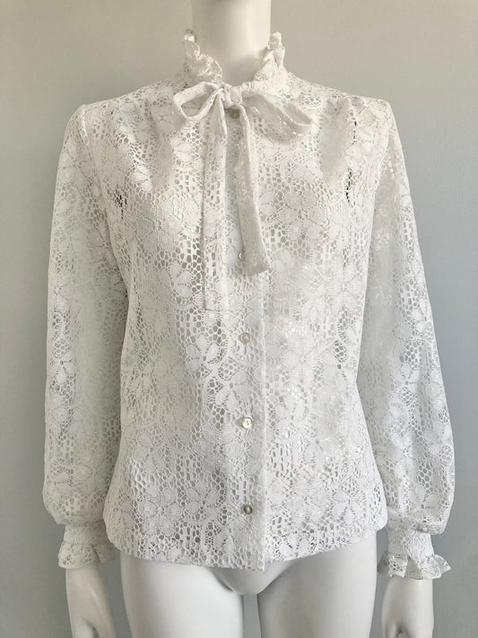 70s Lace Secretary's Blouse, Lace High Neck Blouse with Bow, Size S/M