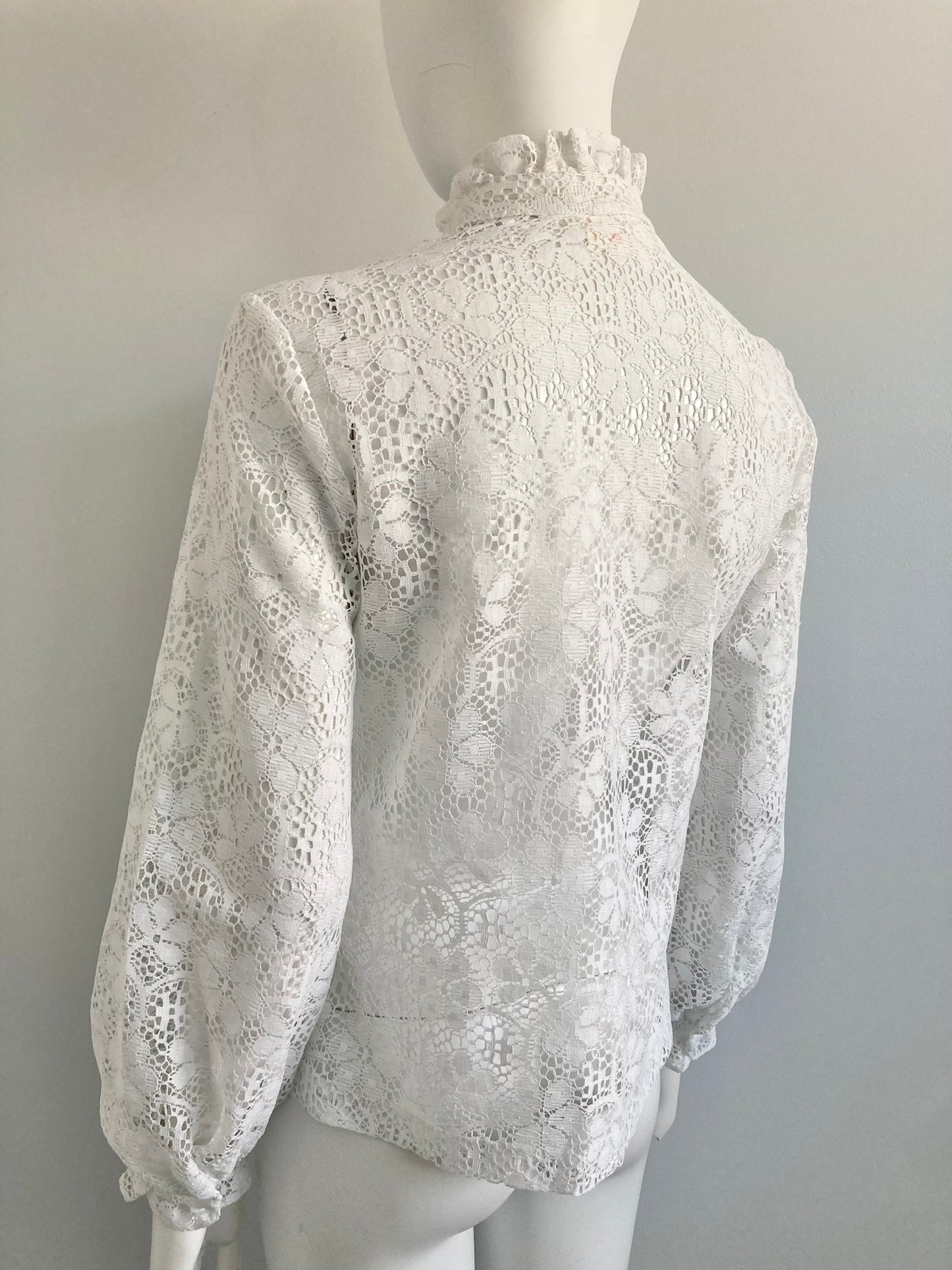 70s Lace Secretary's Blouse, Lace High Neck Blouse with Bow, Size S/M