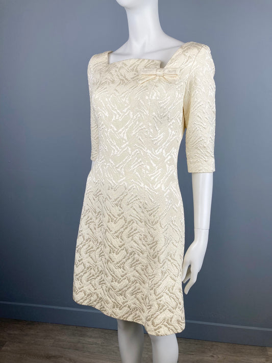 1960/70s Cream Brocade Notched Neckline Mini, Mod Brocade Dress, Size S