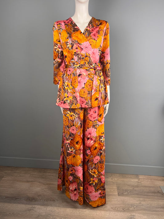 1970s Pink Floral Palazzo Pant Set, 70s Mod Palazzo Pant Outfit