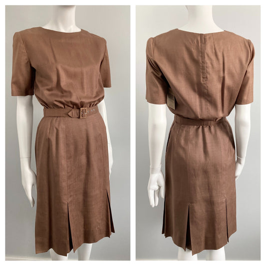 1950s Mocha  Day Dress with Pleated Skirt Details, Size XS