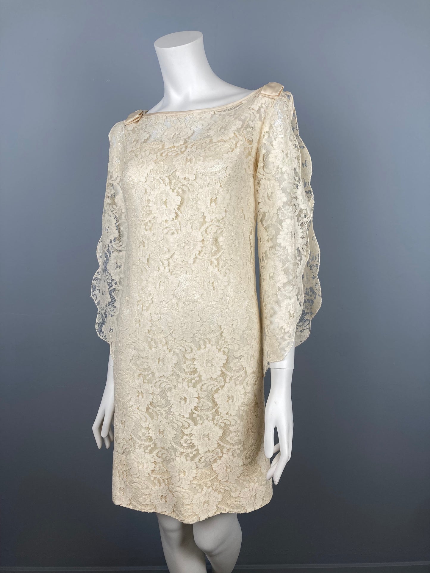 1970s Split Bell Sleeve Lace Mini Dress, Size XS