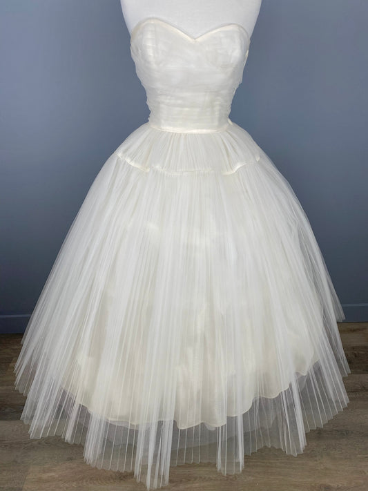 50s Micro-Pleated White Tulle Dress, Vintage White Tulle Wedding Dress, Size XS