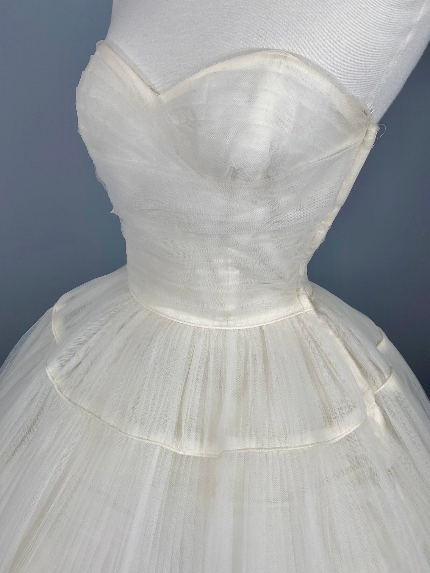 50s Micro-Pleated White Tulle Dress, Vintage White Tulle Wedding Dress, Size XS