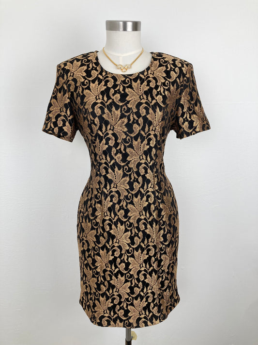 1980s Short Black and Gold Lace Dress, Size M/L