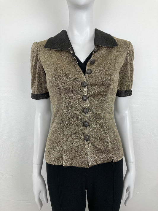 80s/90s Gold Lurex Blouse, Size S, Sparkly Evening Blouse