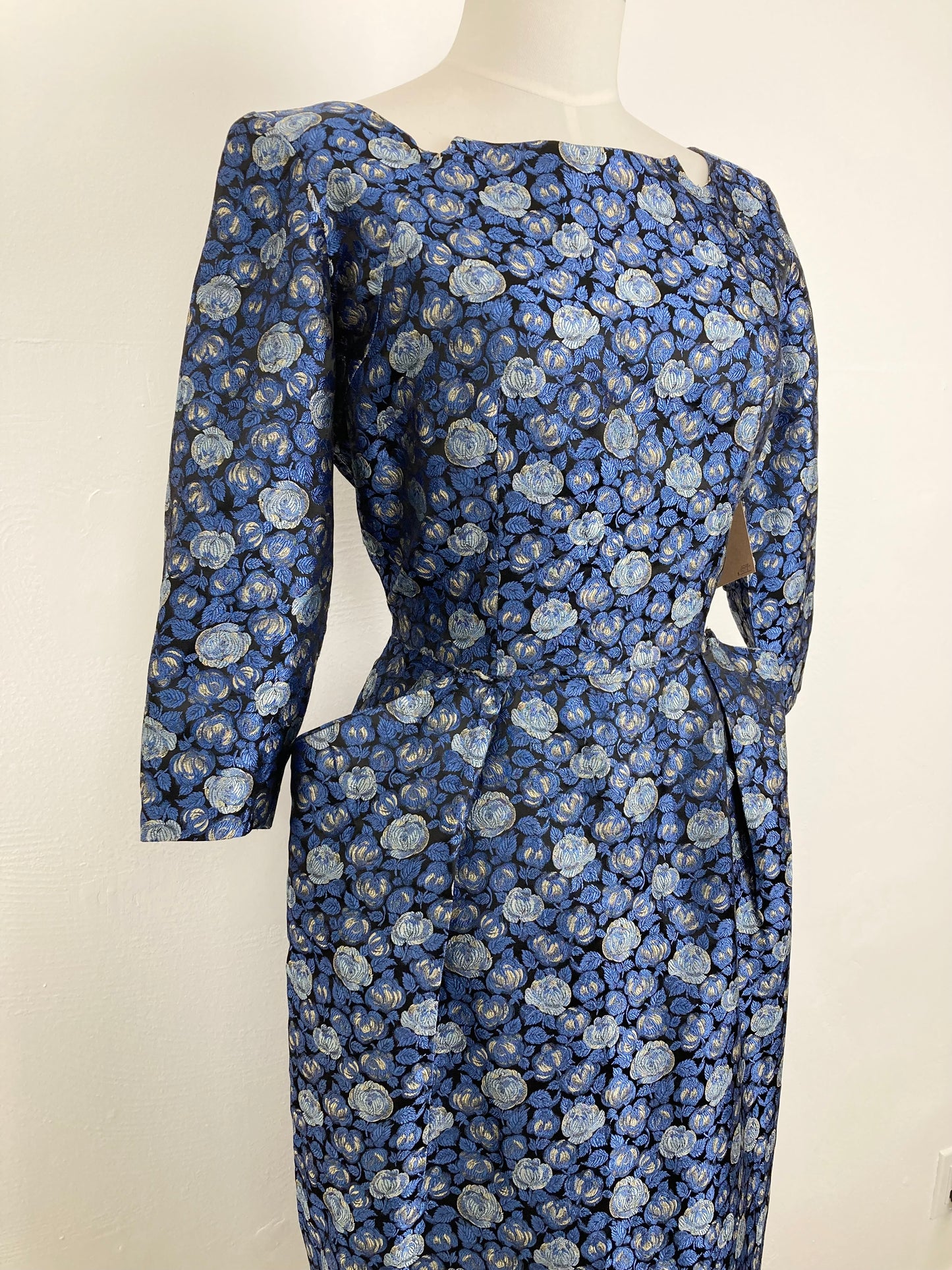 1950s Blue Brocade Dress, Size M/L
