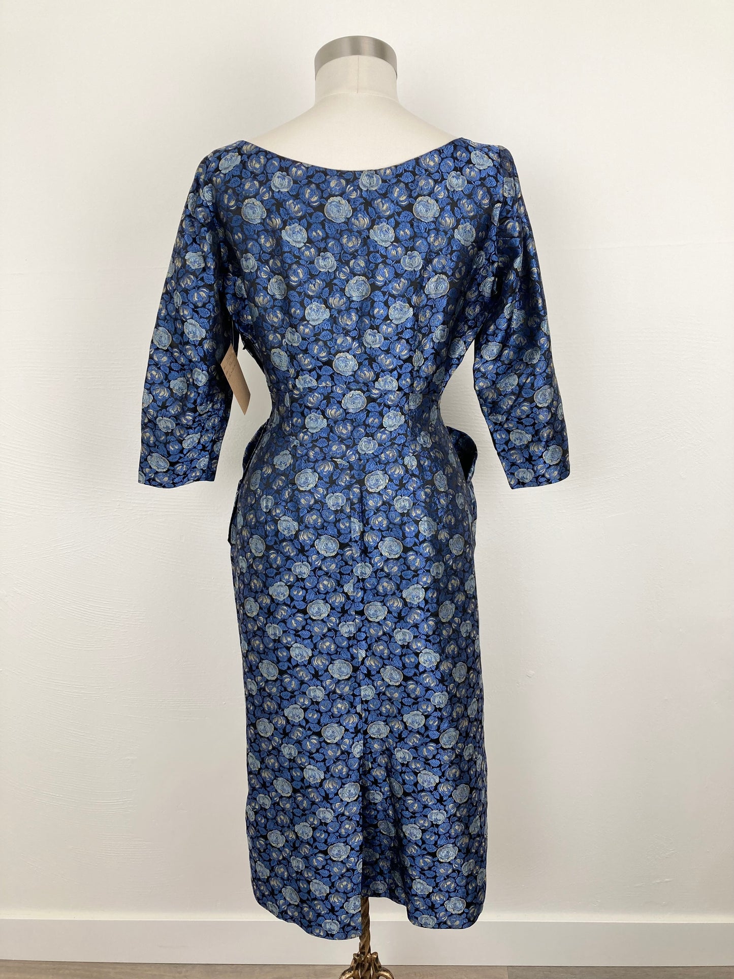 1950s Blue Brocade Dress, Size M/L
