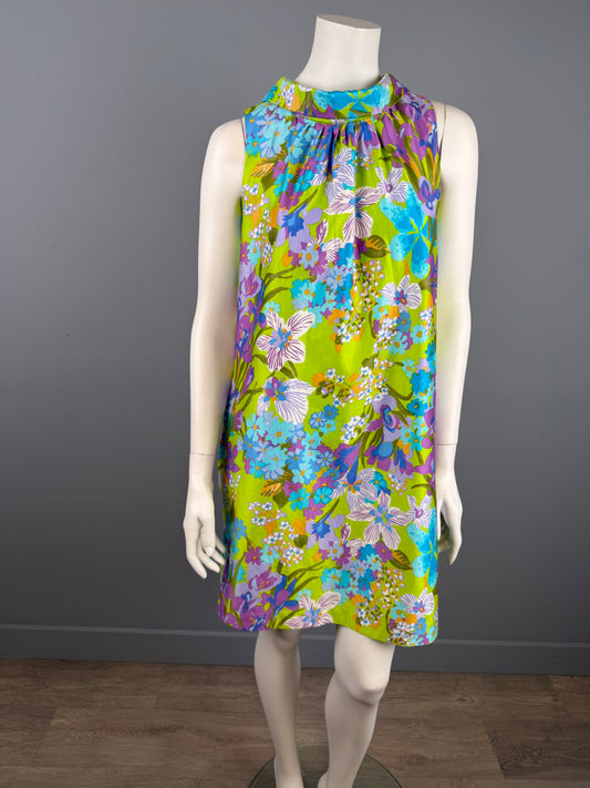 1960s Mod Japanese Print Cotton Sateen Summer Shift Dress, Size S