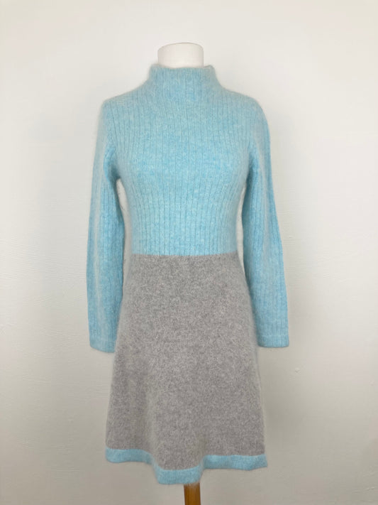 1970s Jonathan Logan Angora Blend Turquoise and Grey Mini Dress, Size S