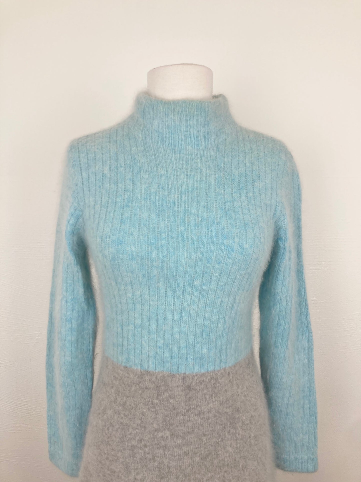 1970s Jonathan Logan Angora Blend Turquoise and Grey Mini Dress, Size S