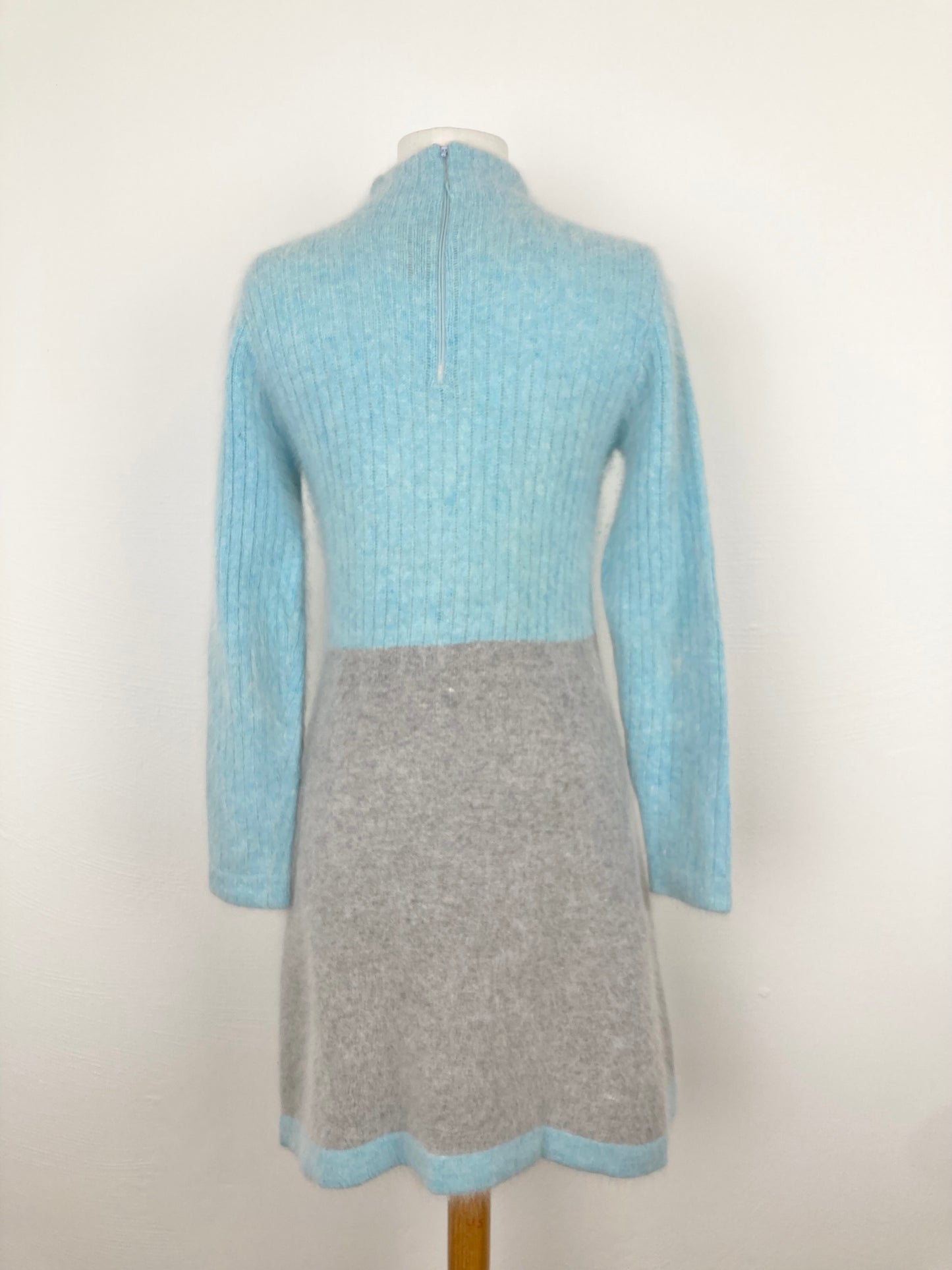 1970s Jonathan Logan Angora Blend Turquoise and Grey Mini Dress, Size S