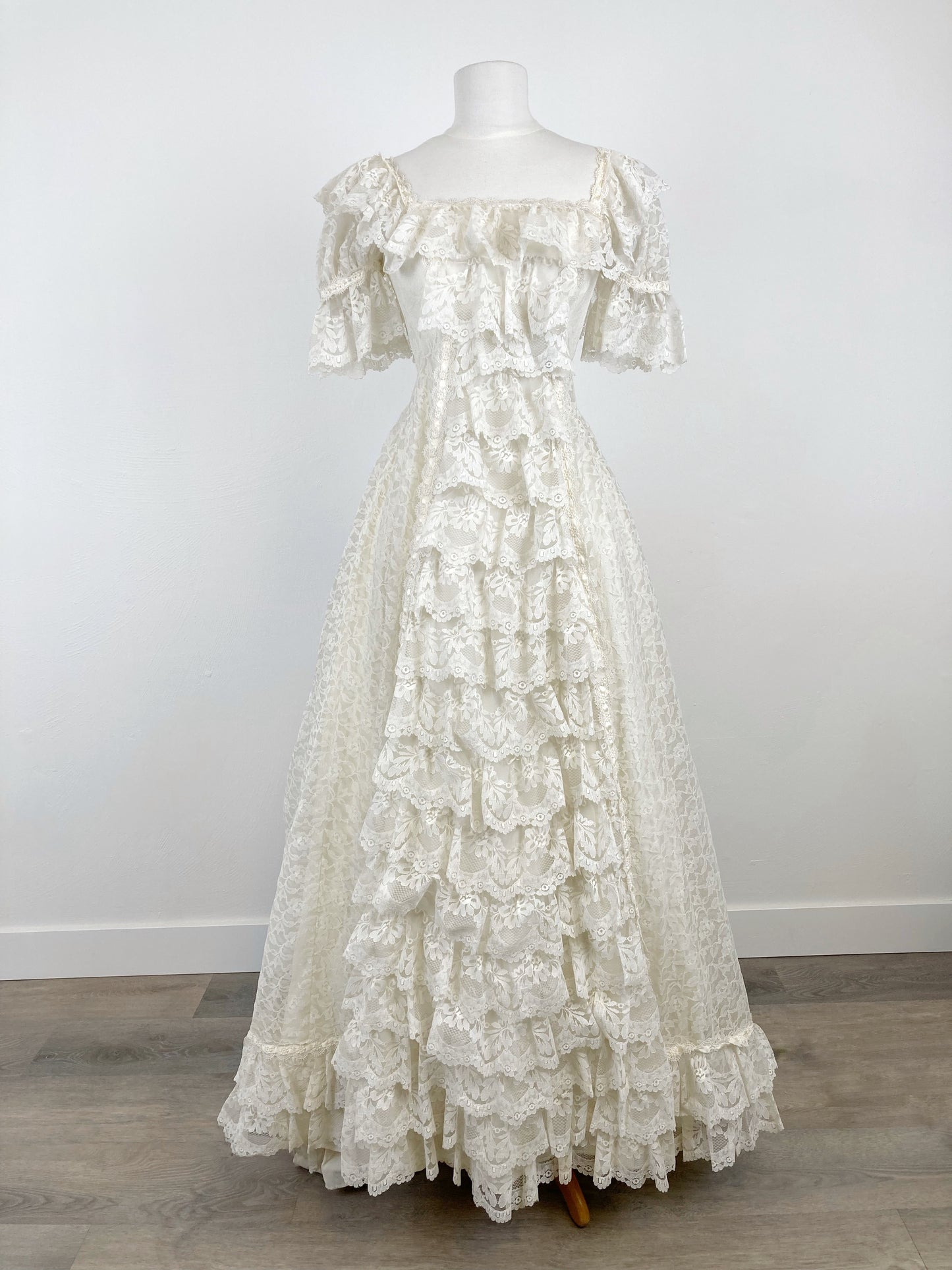 Romantic 1970s Lacey Regency Style Bridal Gown, "Charlotte"