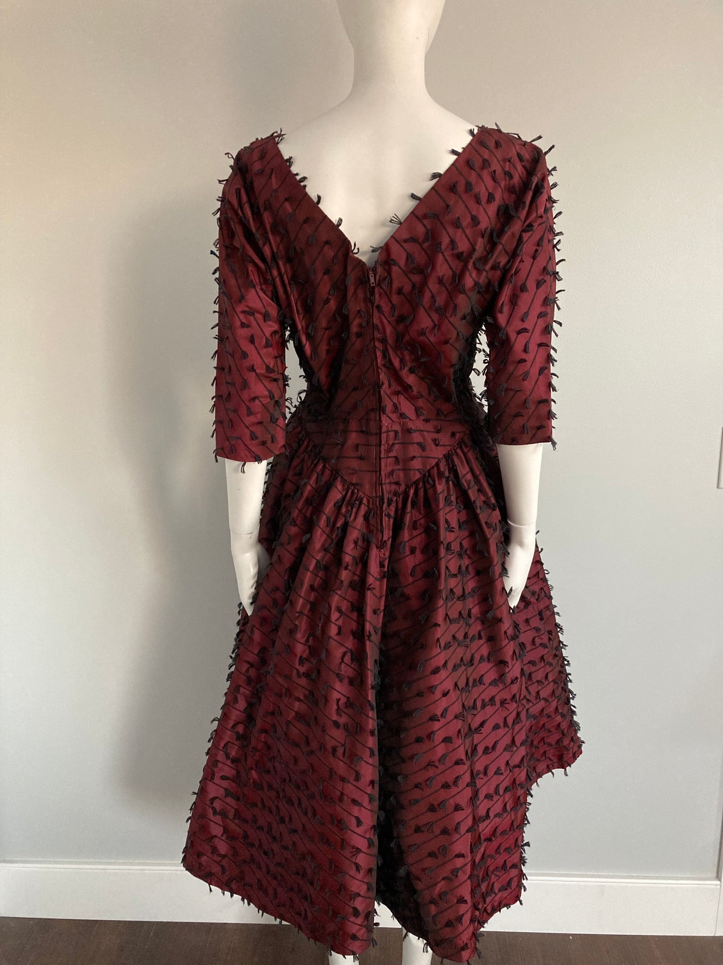 1950s Burgundy Taffeta Party Dress with Tassel Details, Size M