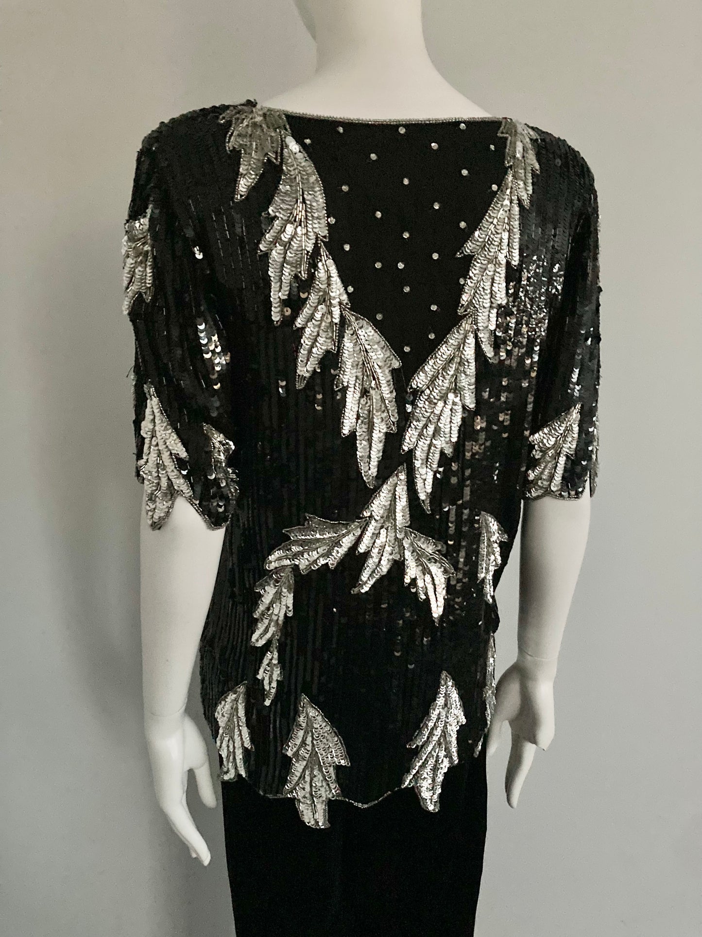 1980s Black and Silver Sequinned Party Top, Disco, Size S/M