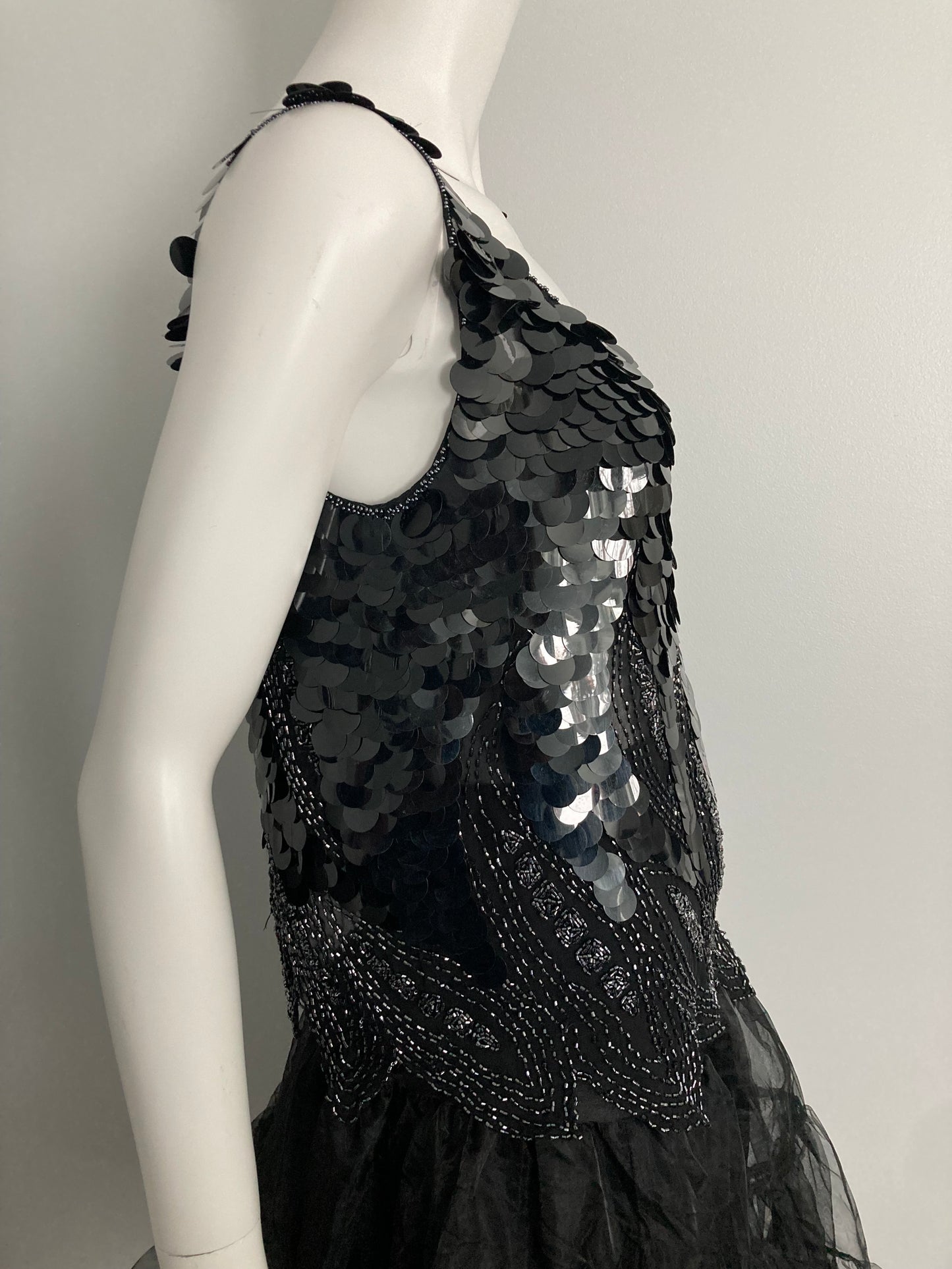 1980s Silk Black Paillette Sequin Beaded Top, Size L