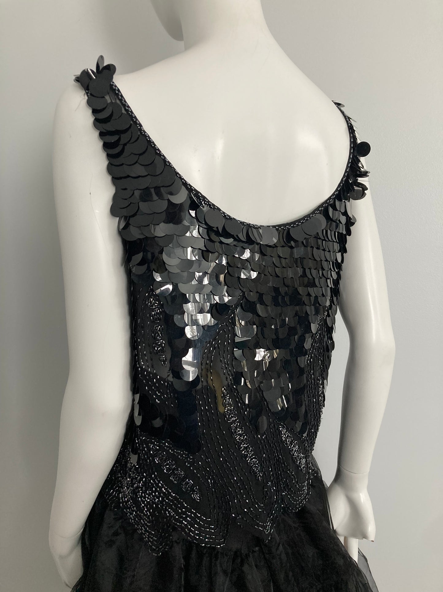 1980s Silk Black Paillette Sequin Beaded Top, Size L