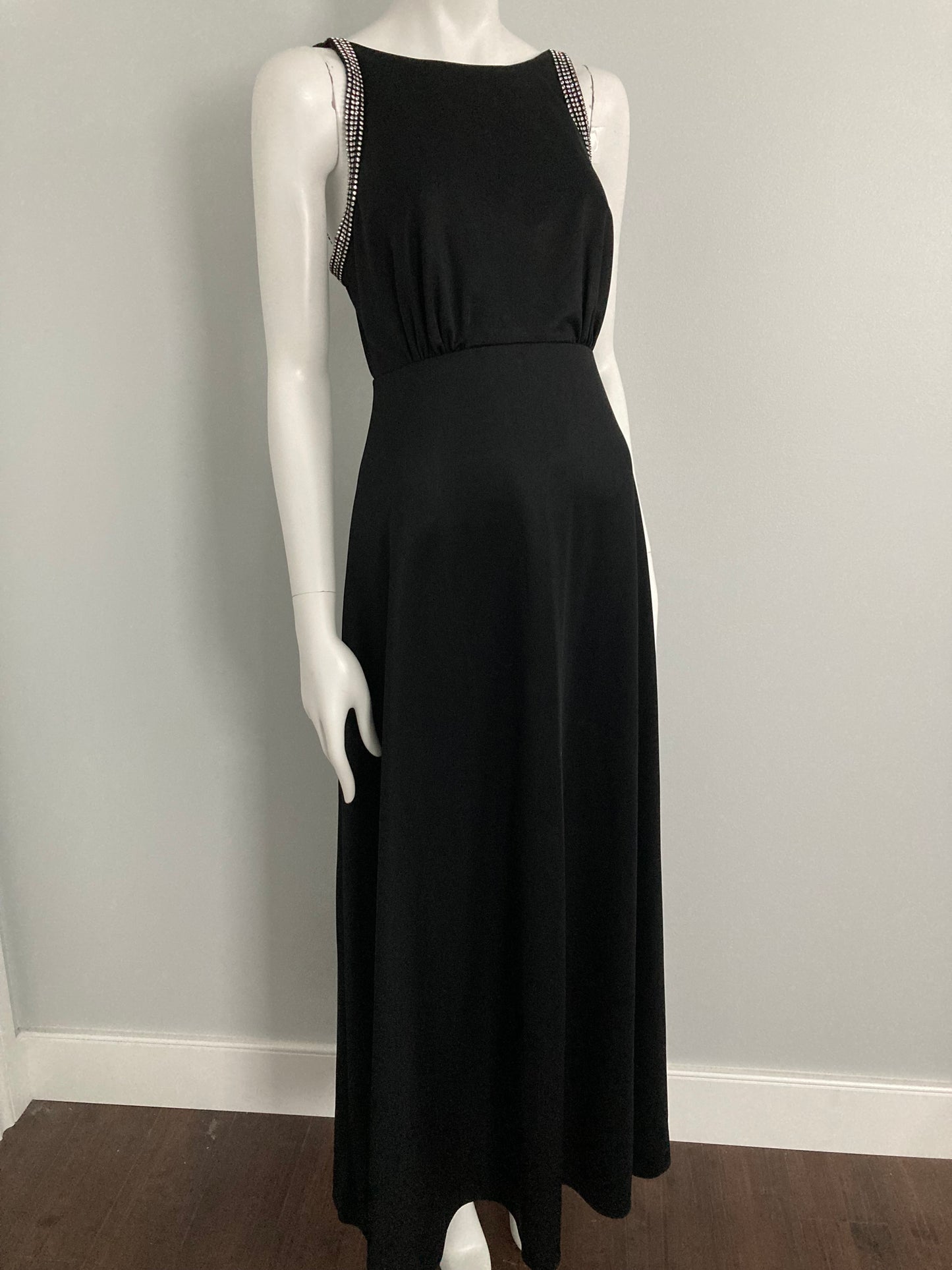 1970s Black Rhinestone Maxi Dress, Party Dress, Grad Dress, Size S