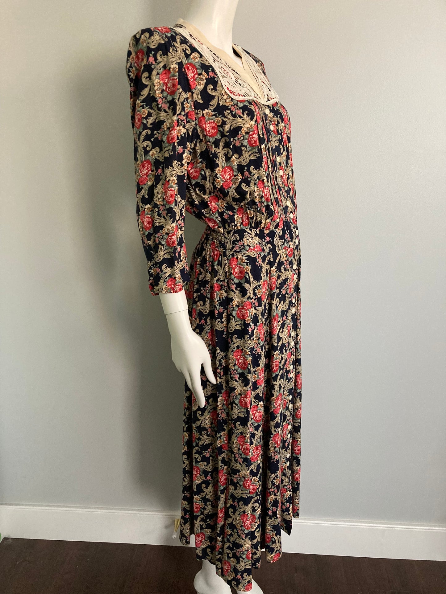 90s Does 30s Floral Rayon Maxi Dress, Size M