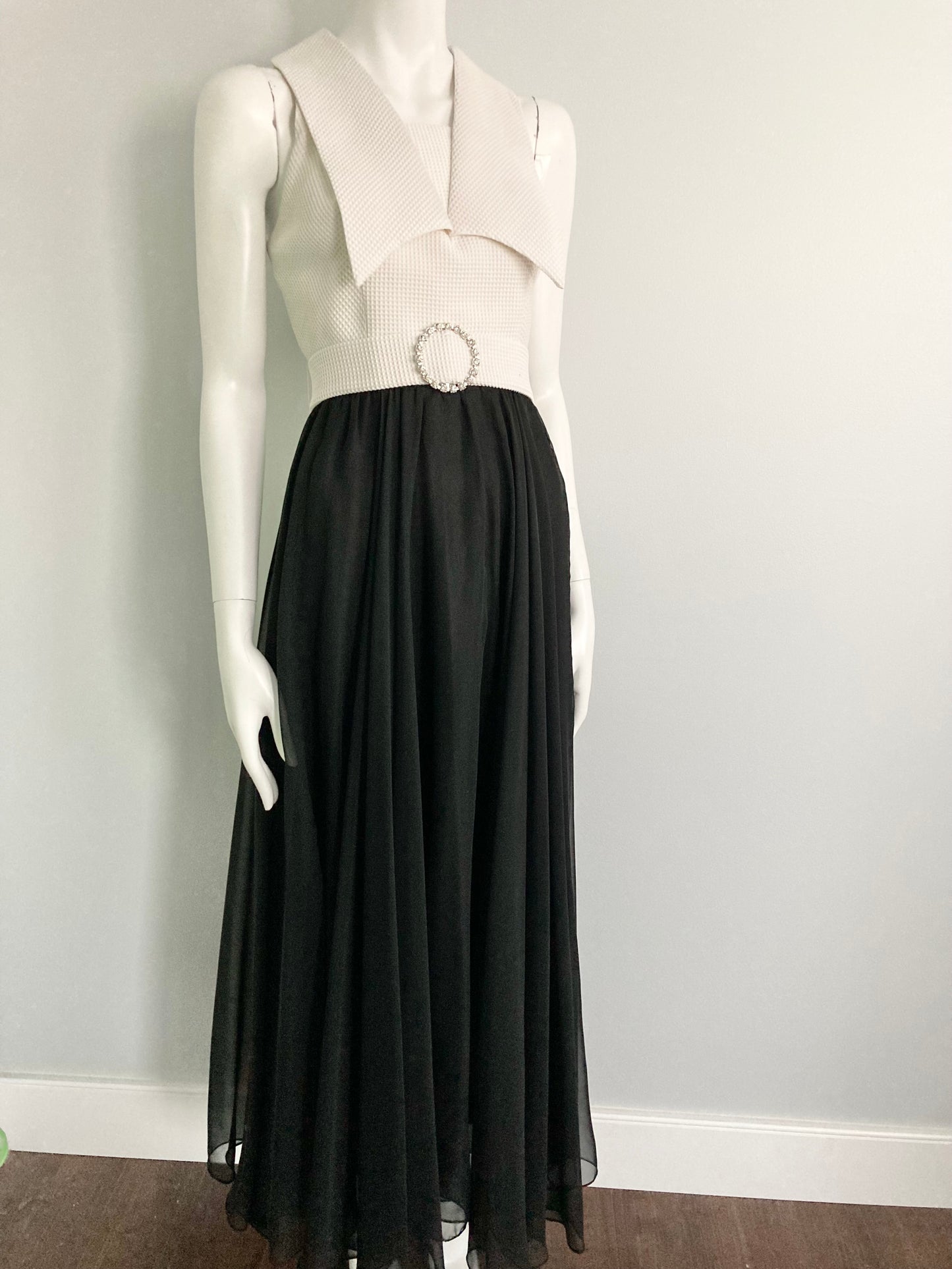 1970s Chiffon Maxi Dress Dagger Collar, Size M