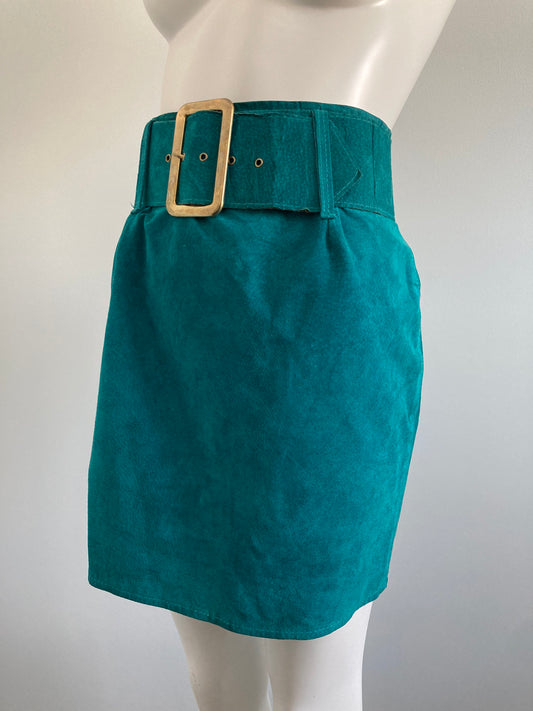 1980s Teal Suede Mini Skirt, Highwaisted Leather Skirt, Size S