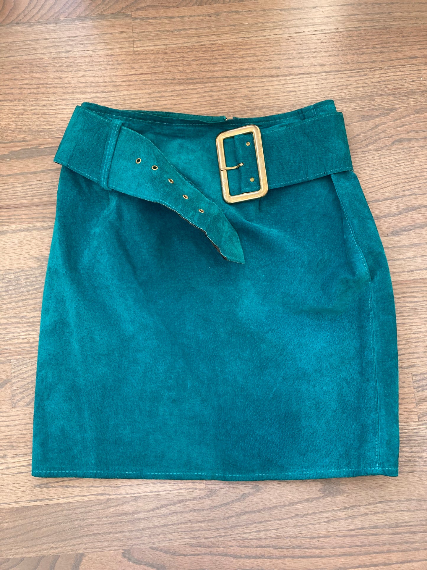 1980s Teal Suede Mini Skirt, Highwaisted Leather Skirt, Size S