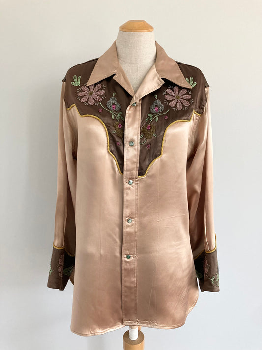 1940/50s Beaded Embroidered Satin Western Shirt, Size L