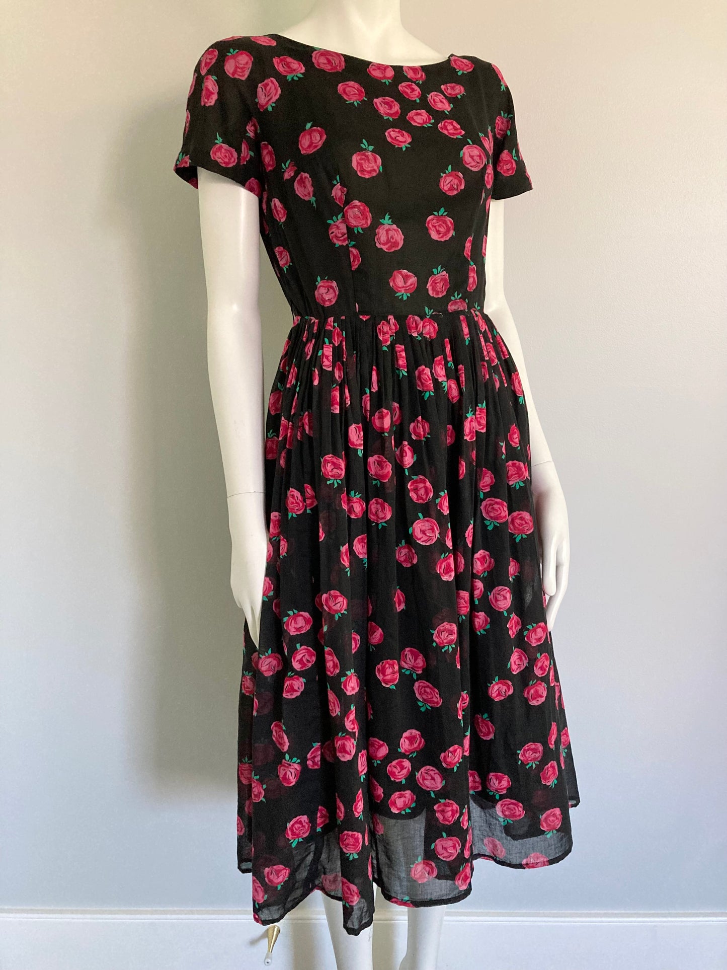 1950s Cotton Fit and Flare Dress, Size M, Black with Roses