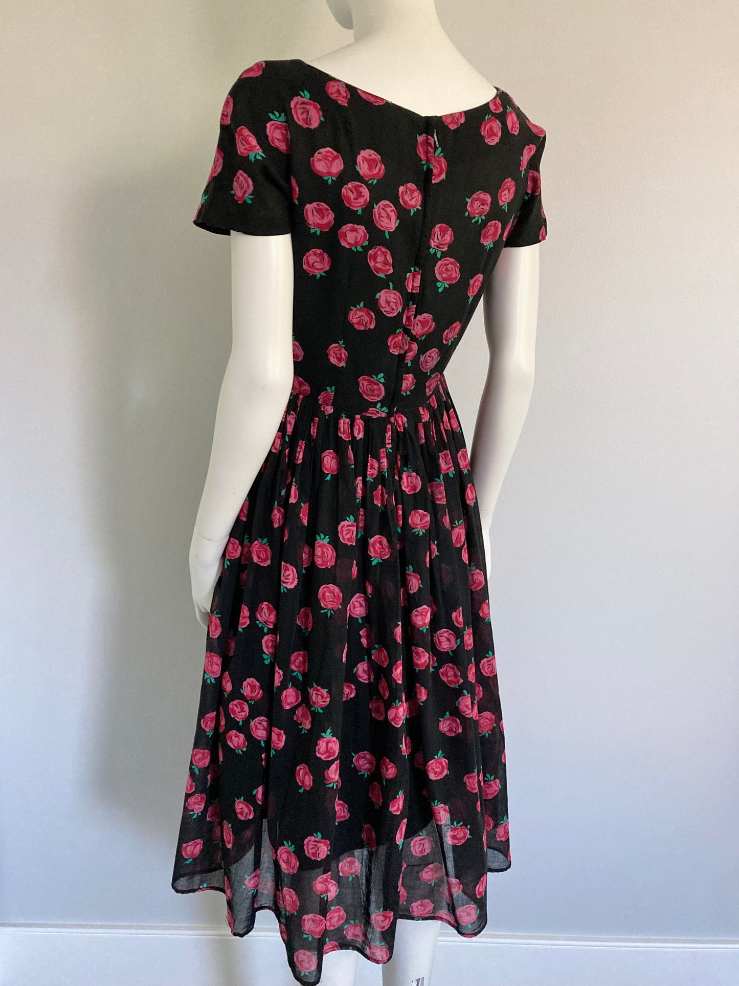 1950s Cotton Fit and Flare Dress, Size M, Black with Roses