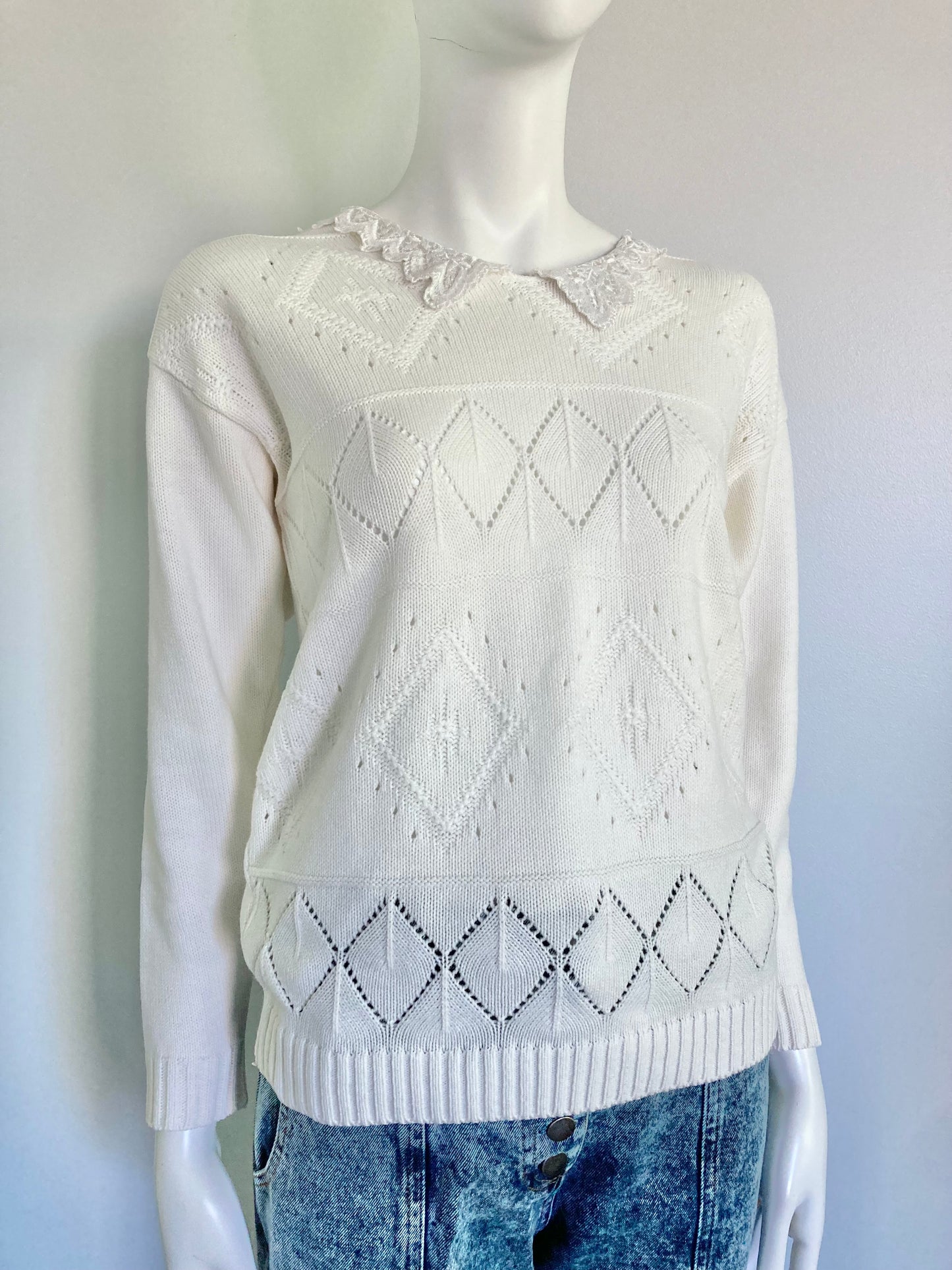 1980s Pointelle Acrylic Sweater With Lace Collar, Size M