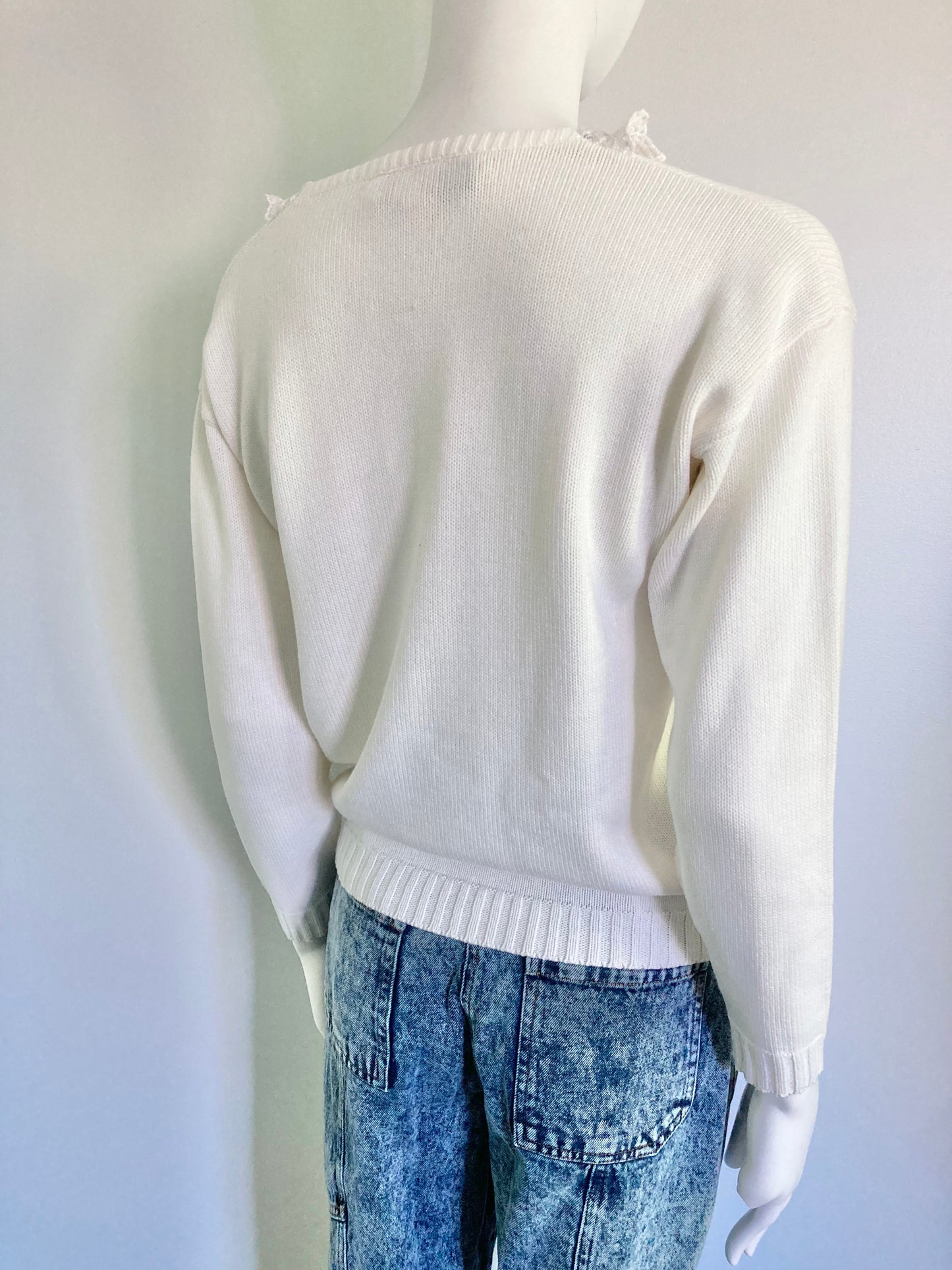 1980s Pointelle Acrylic Sweater With Lace Collar, Size M