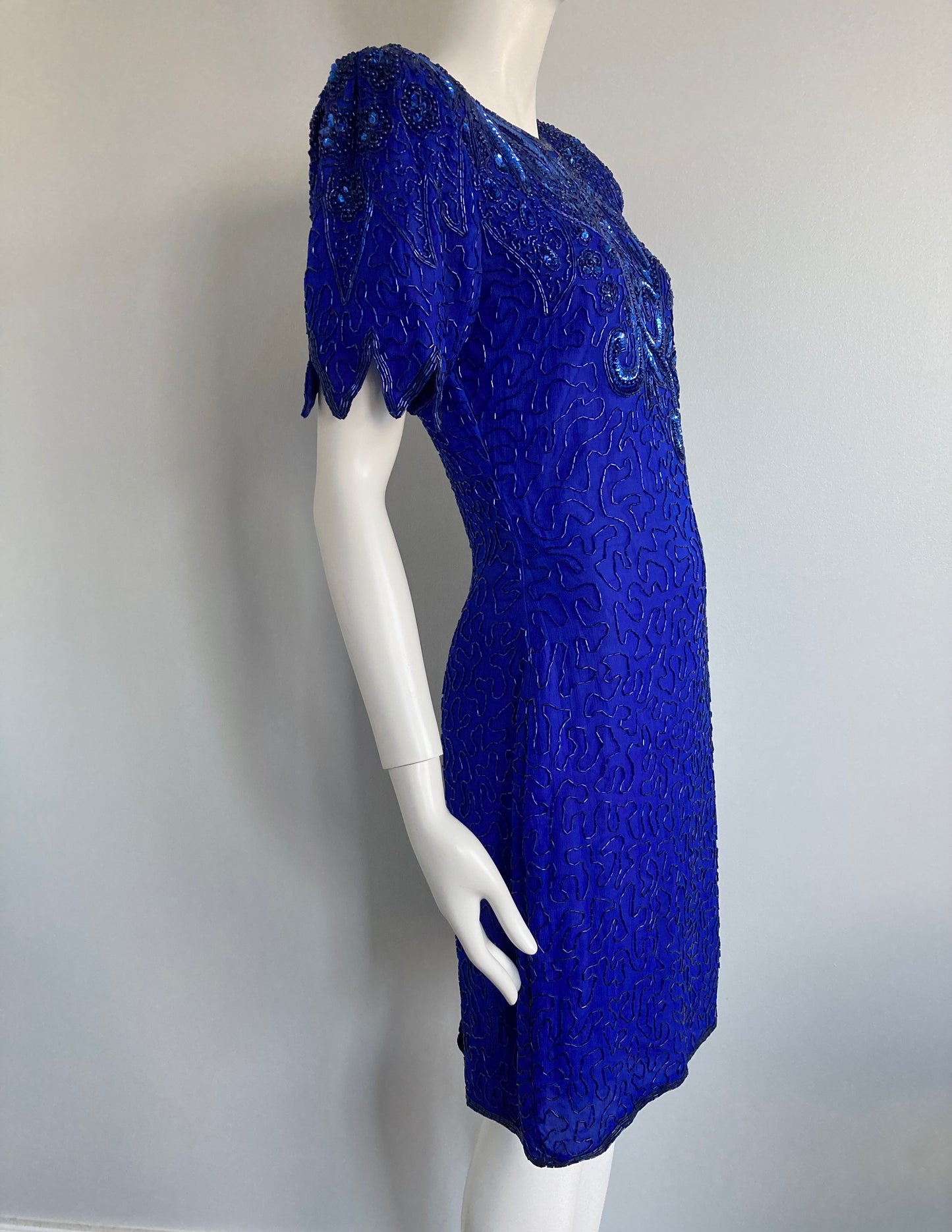 1980s Cobalt Blue Beaded Silk Dress, Size M, Beaded Party Dress