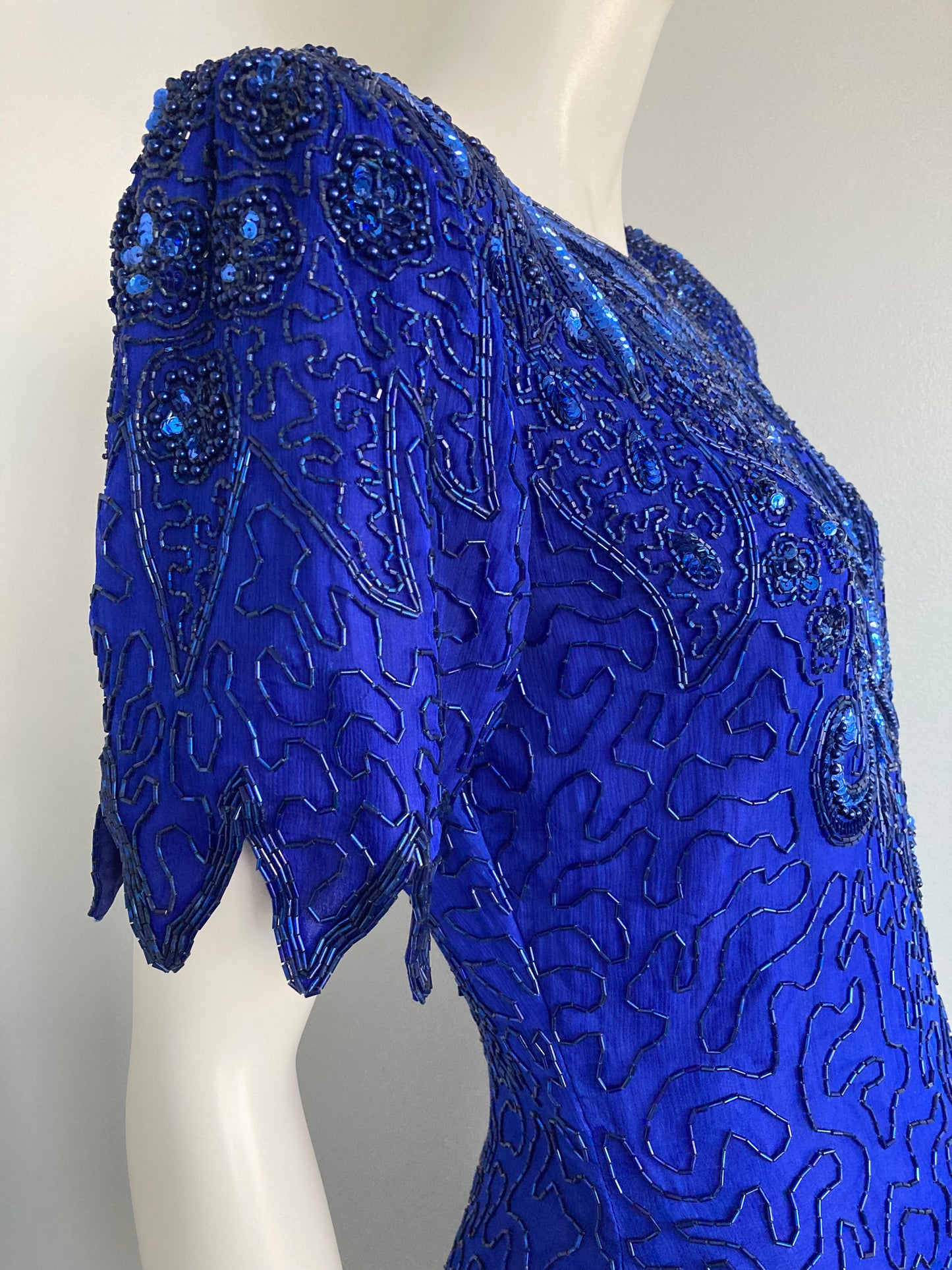 1980s Cobalt Blue Beaded Silk Dress, Size M, Beaded Party Dress