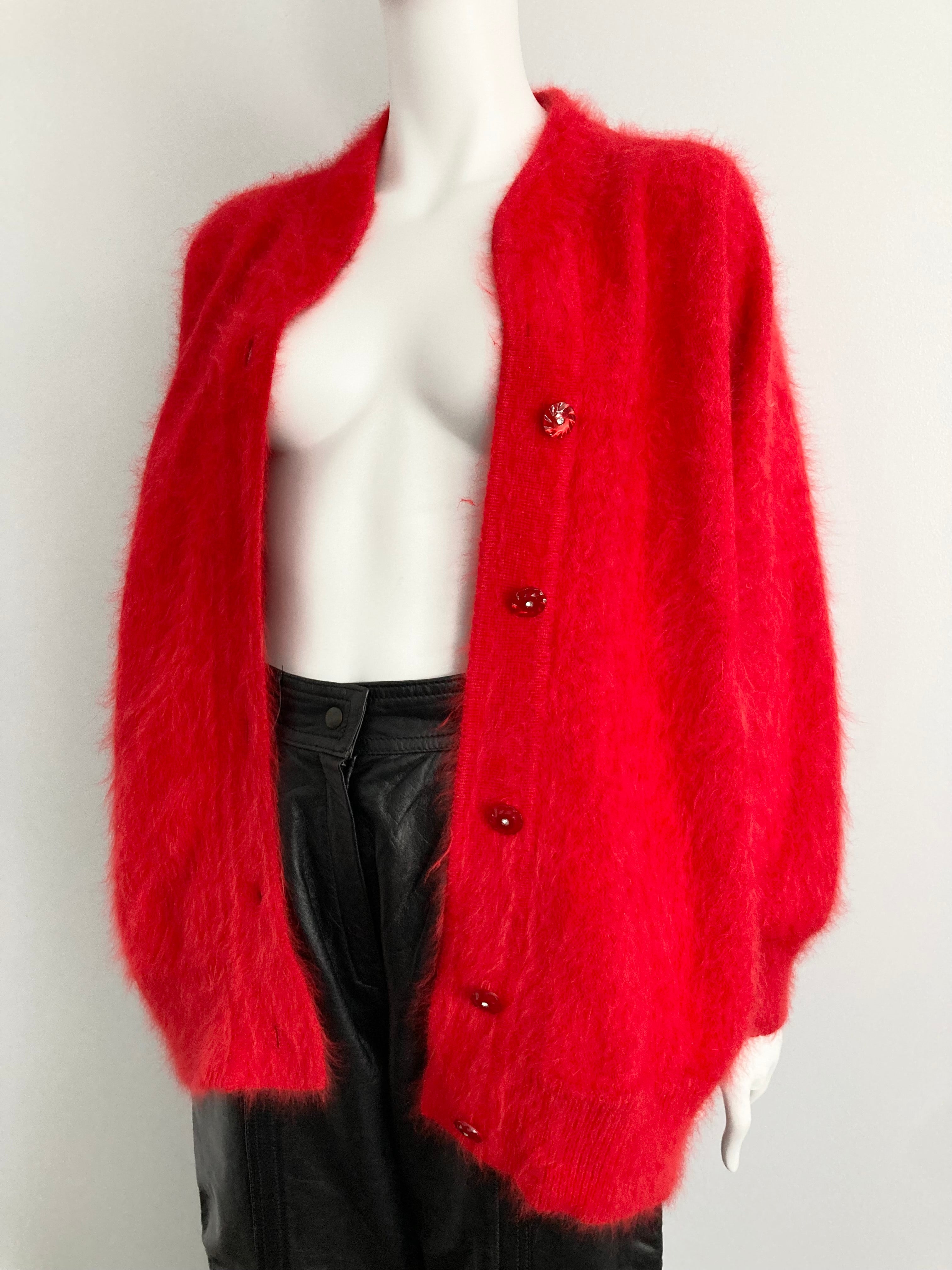 80s Red Angora Oversized Cardigan Size M Antiquaire Boutique