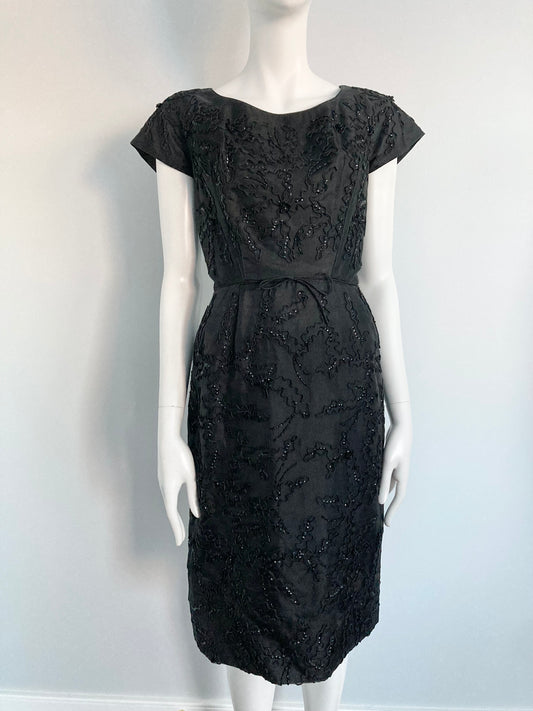 1950s Beaded Black Bombshell Evening Dress, Size S/M