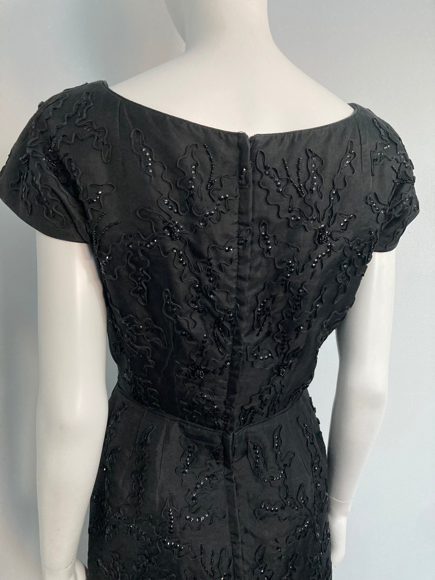 1950s Beaded Black Bombshell Evening Dress, Size S/M
